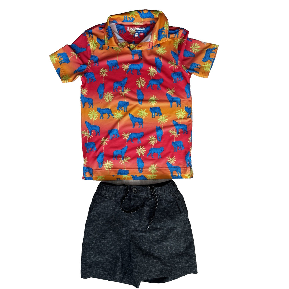 Chubbies Boys Howler Moon Performance Polo +‎ Short SET Size XS 6/7 Neon Orange